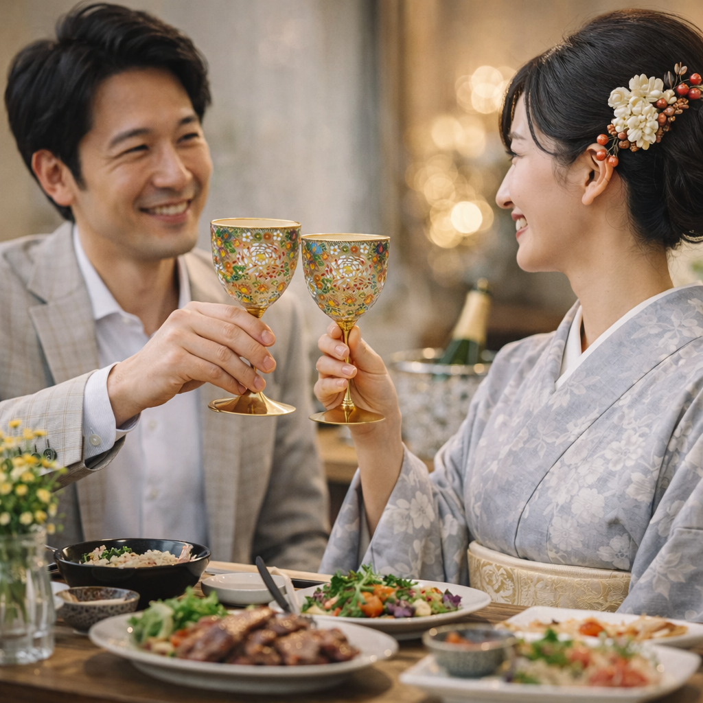 九谷焼 ペアワインカップ 金花詰・桐箱入り